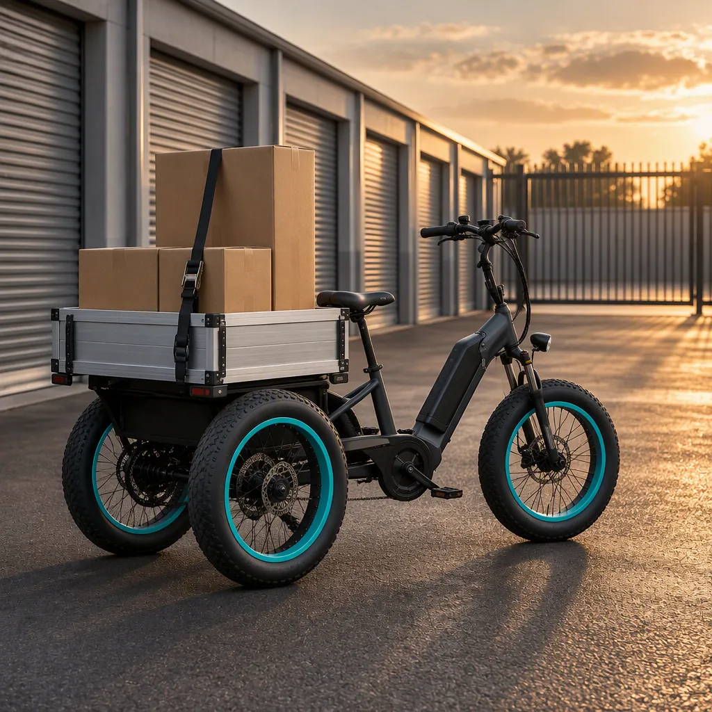 Delta three-wheeled electric cargo tricycle on a self-storage forecourt loaded with cartons in a drop-side box