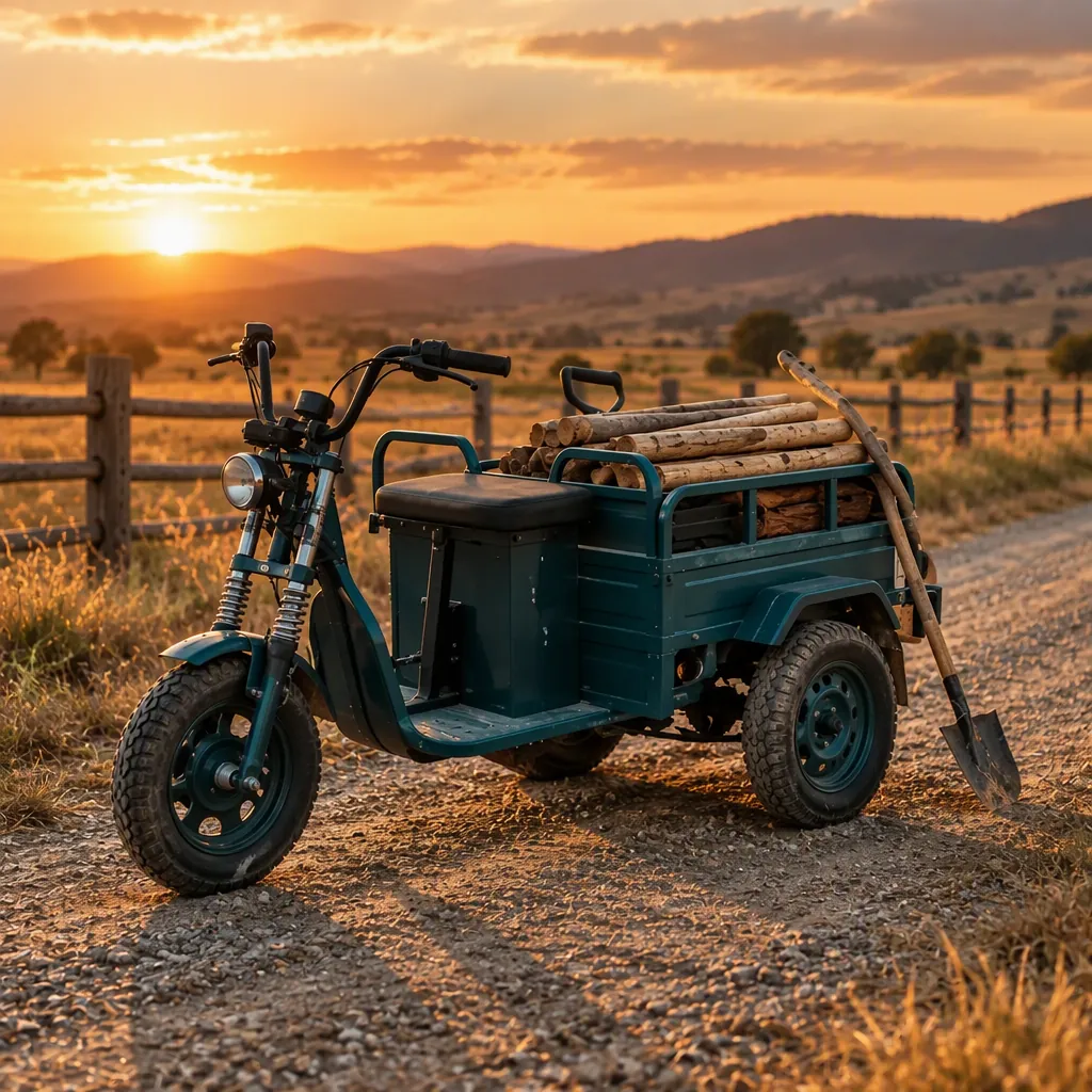 Three-wheeled electric cargo tricycle with hydraulic suspension forks in a dark studio with teal rim lighting