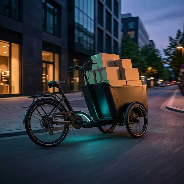 Three-wheeled electric cargo tricycle leaning into a corner on a dark city street at dusk, teal and orange lighting