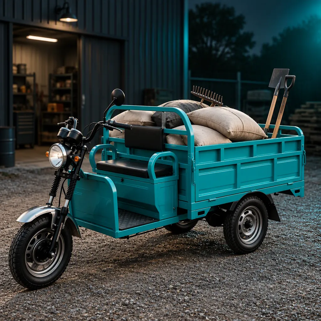 Three-wheeled electric cargo tricycle with dual rear wheels and visible utility tires in a workshop yard