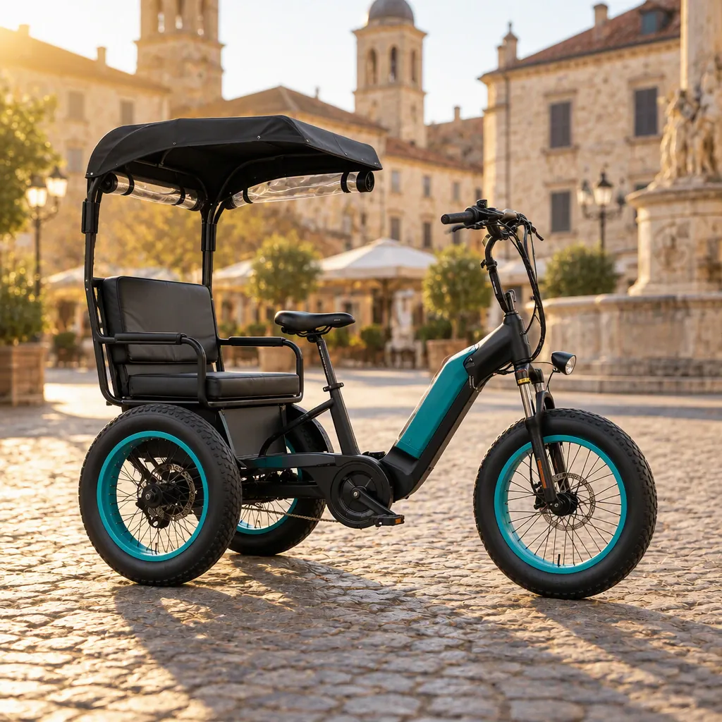 Passenger electric tricycle with canopy and rear bench staged on a cobblestone square for guided sightseeing tours