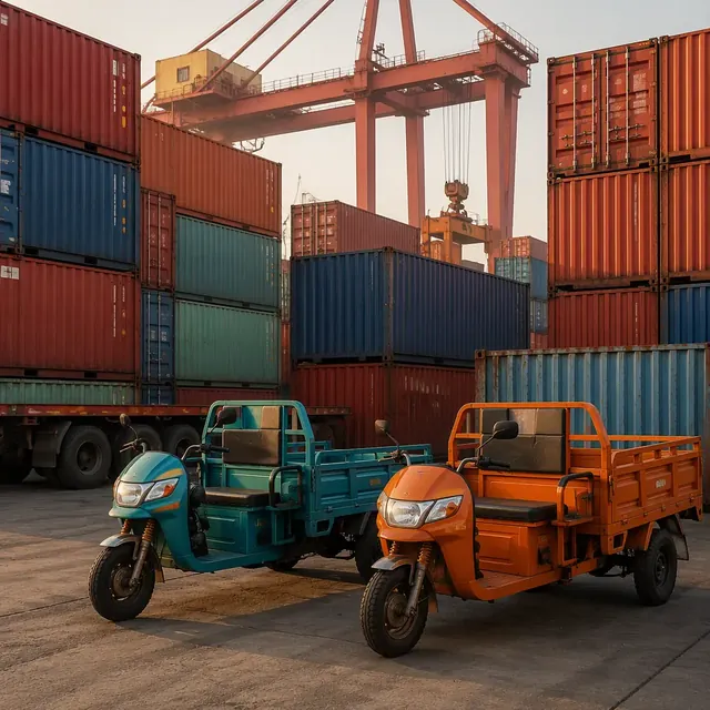 Cargo containers at a Chinese export port with electric tricycles being loaded