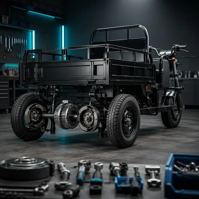 Electric three-wheeled cargo tricycle in a clean workshop with tools on the workbench