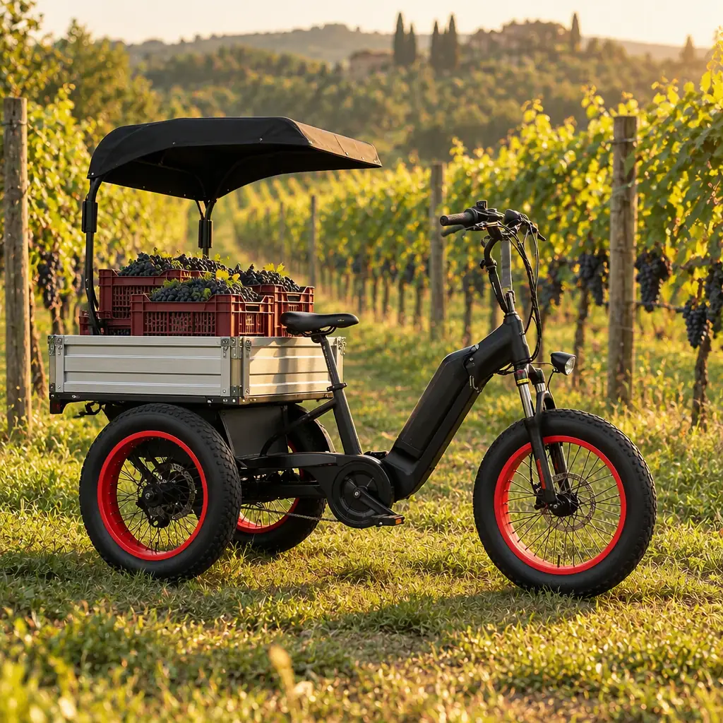 Three-wheeled electric cargo tricycle carrying grape crates along a vineyard row at harvest