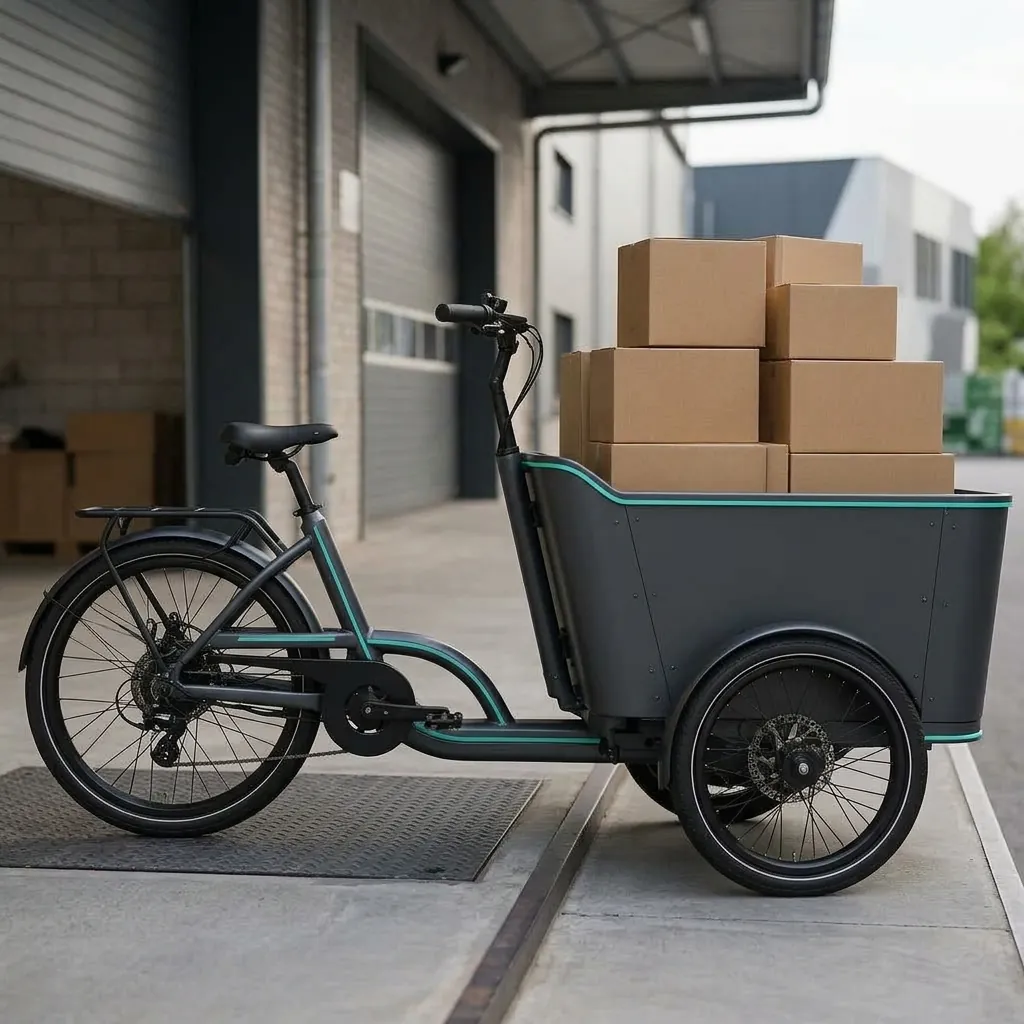 Three-wheeled electric cargo tricycle with a front cargo box and two rear wheels parked on a loading dock, real product photo, no people