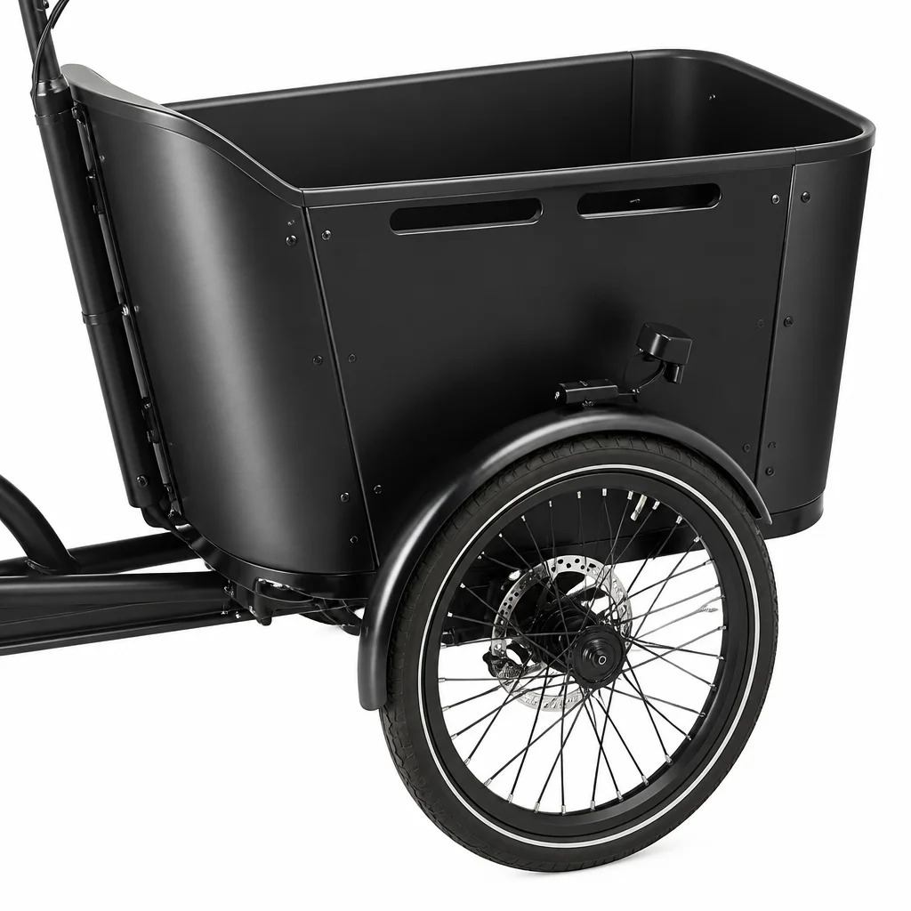 Close-up of the riveted steel cargo box and rear wheel of a three-wheeled electric tipper cargo tricycle, black finish, brake detail