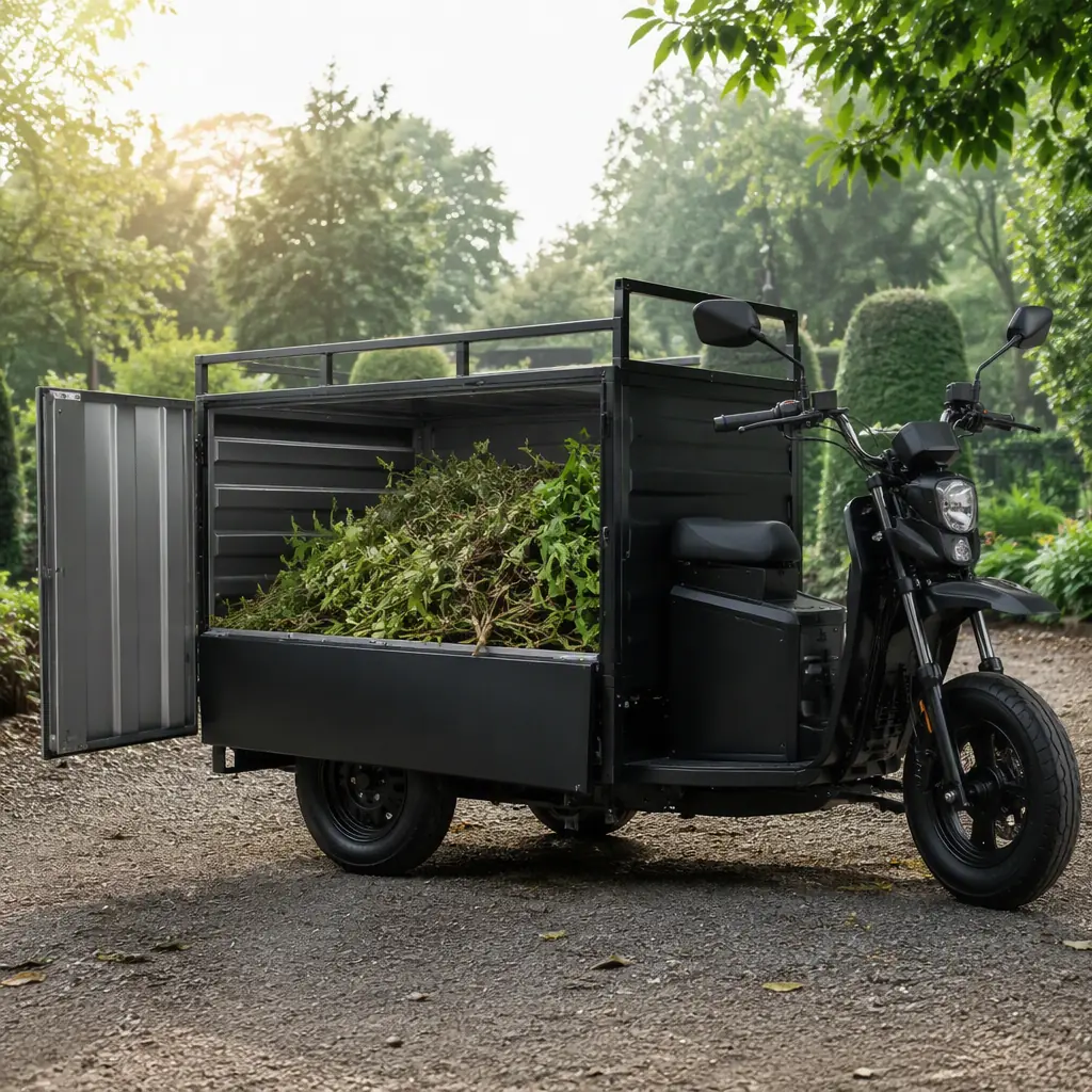 Drop-side cargo box on a three-wheeled electric tricycle holding collected green waste, with a single front wheel and dual rear wheels