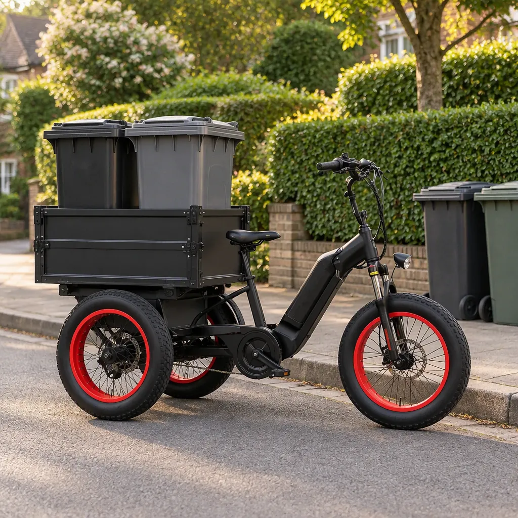 Electric cargo tricycle configured for municipal waste collection, parked at a residential kerbside with unmarked refuse bins