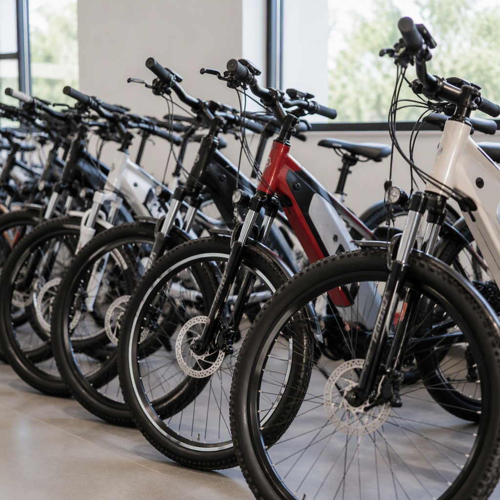 Range of electric bicycles in dark showroom