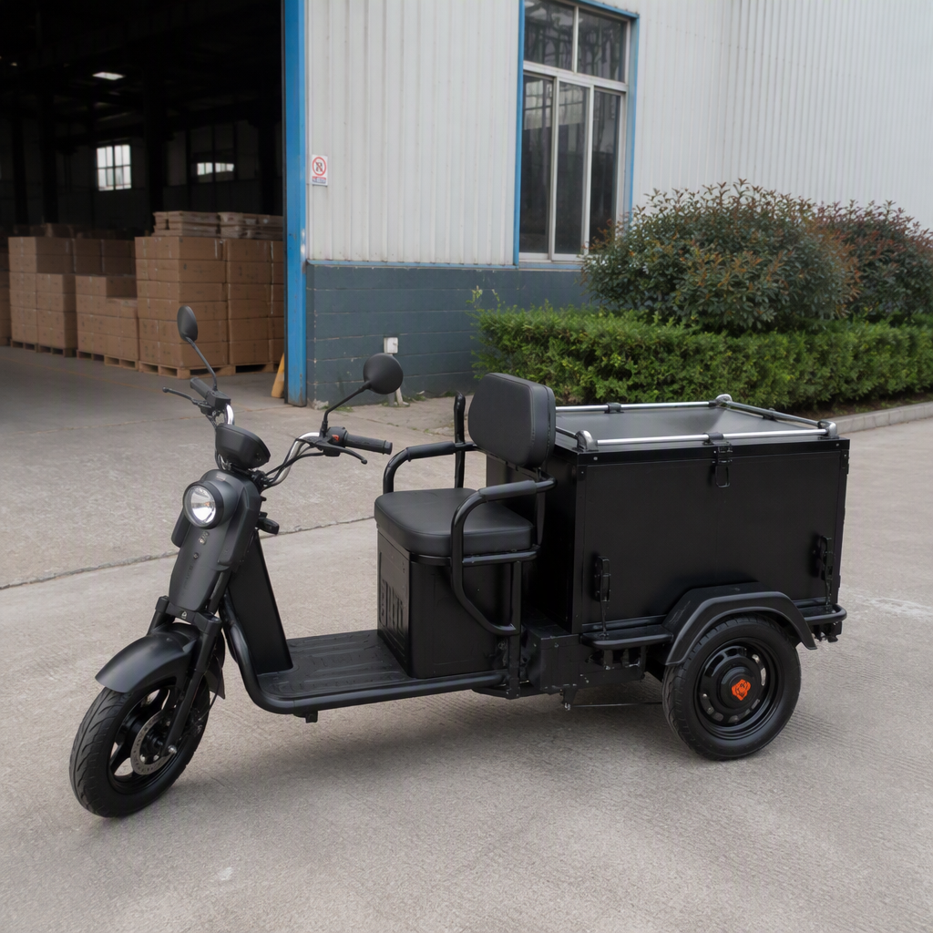 Range of electric tricycles in dark showroom