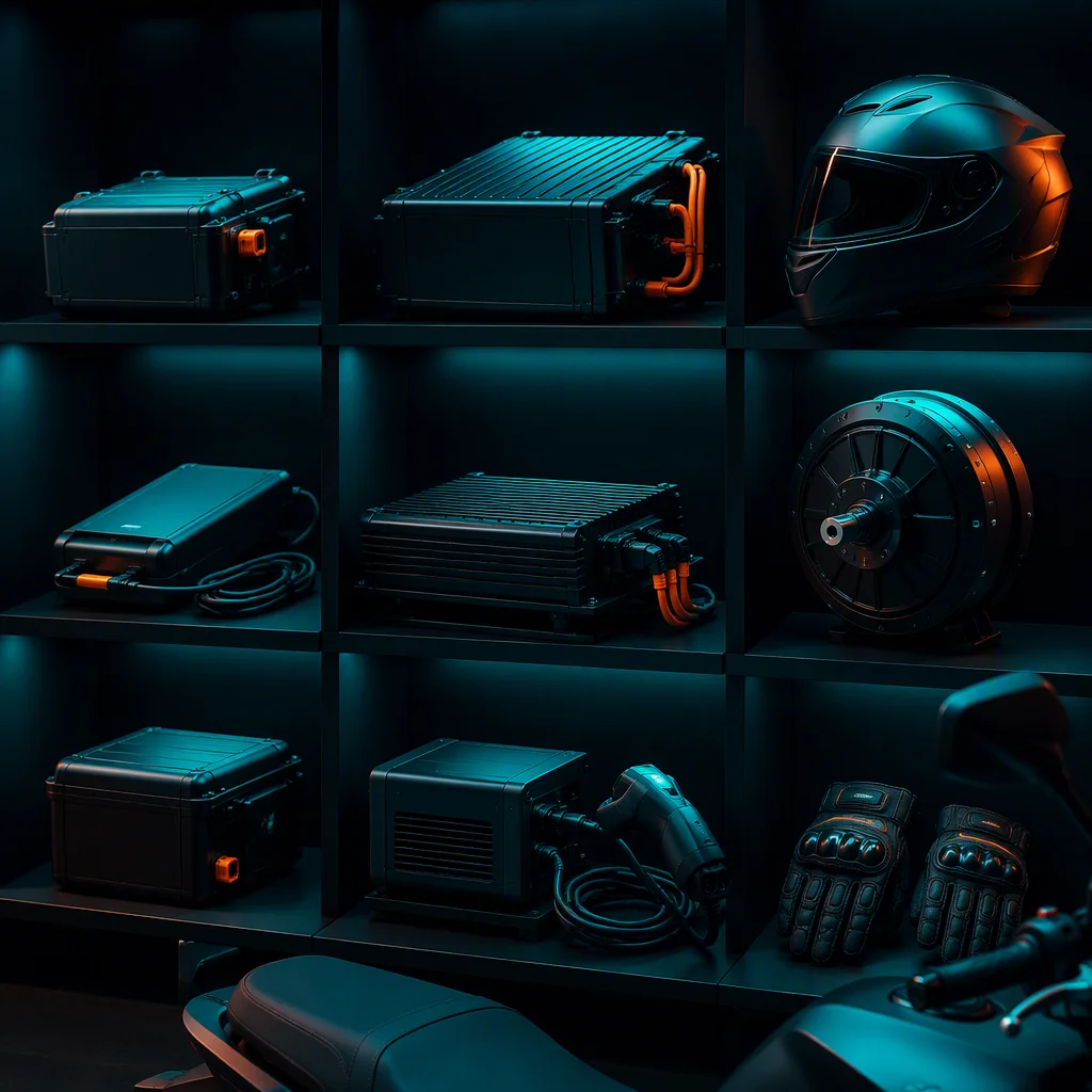 Battery packs, chargers and helmets in dark display