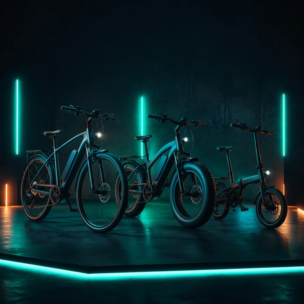 Range of electric bicycles in dark showroom