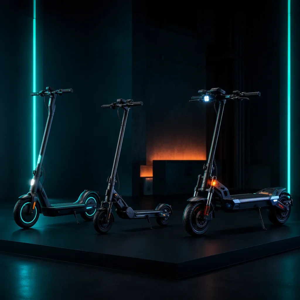 Range of electric scooters in dark showroom