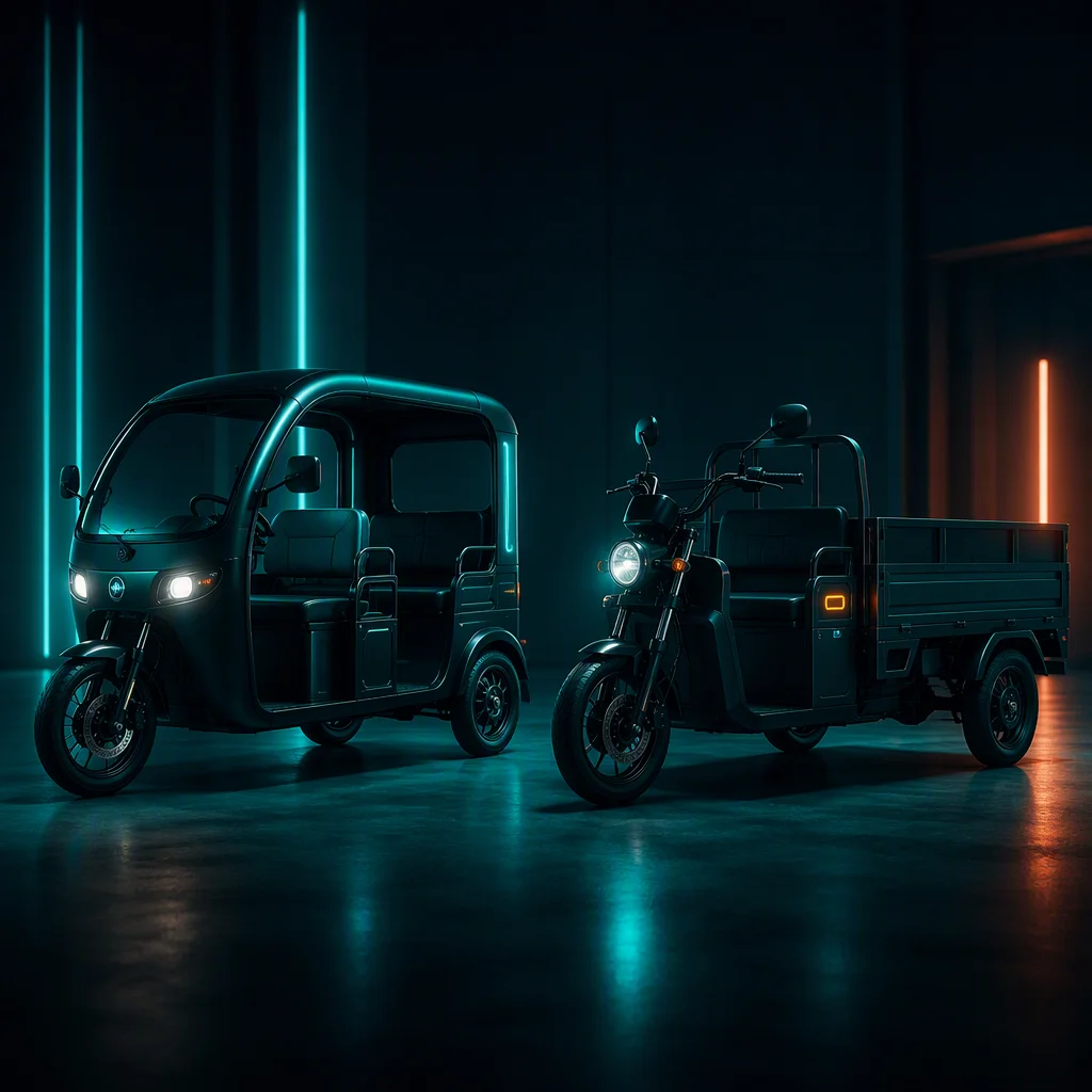 Passenger and cargo electric tricycles in dark showroom
