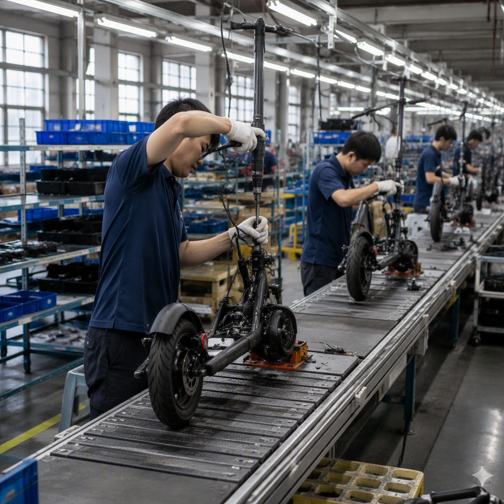 Electric scooter assembly line in dark factory with teal lighting