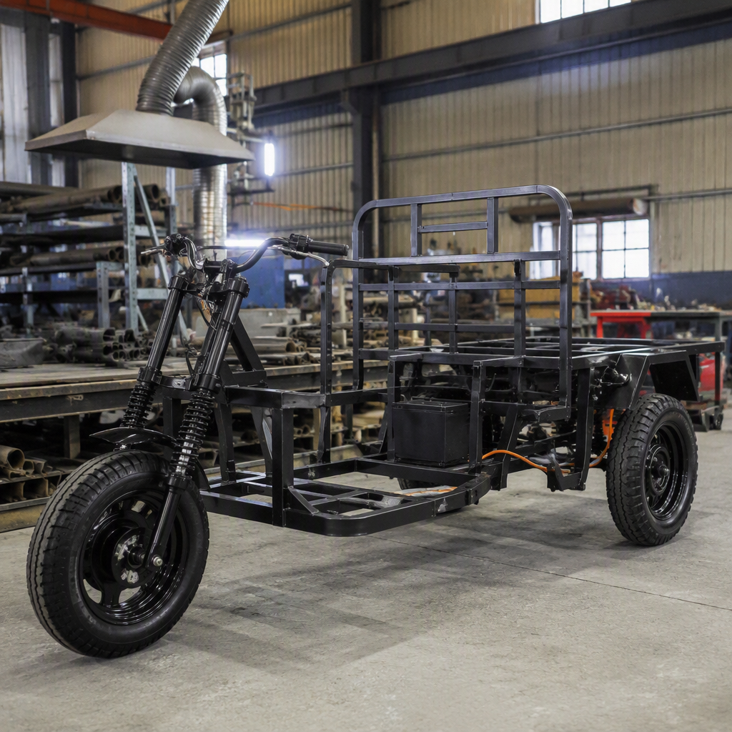 Electric tricycle chassis assembly with workers