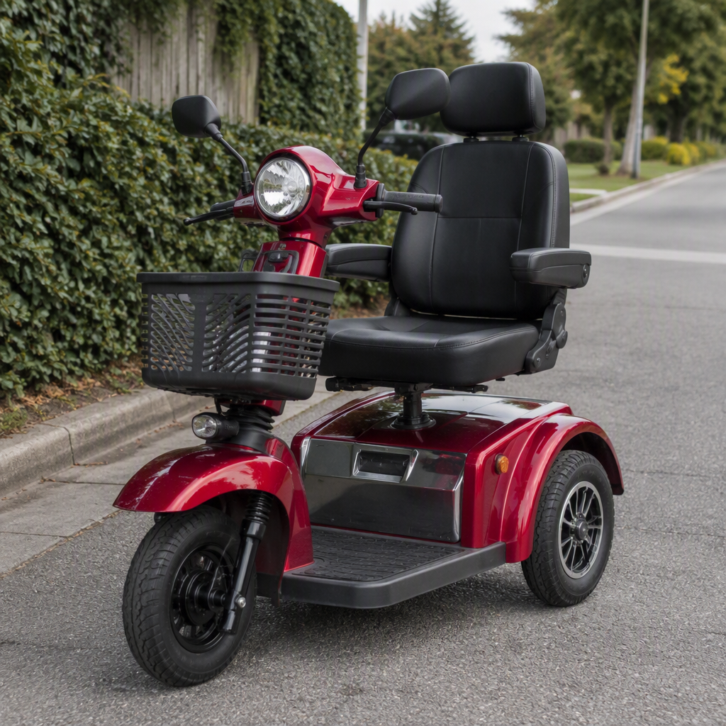 Delta-configuration electric mobility tricycle with step-through frame, captain seat with armrests, and rear cargo basket