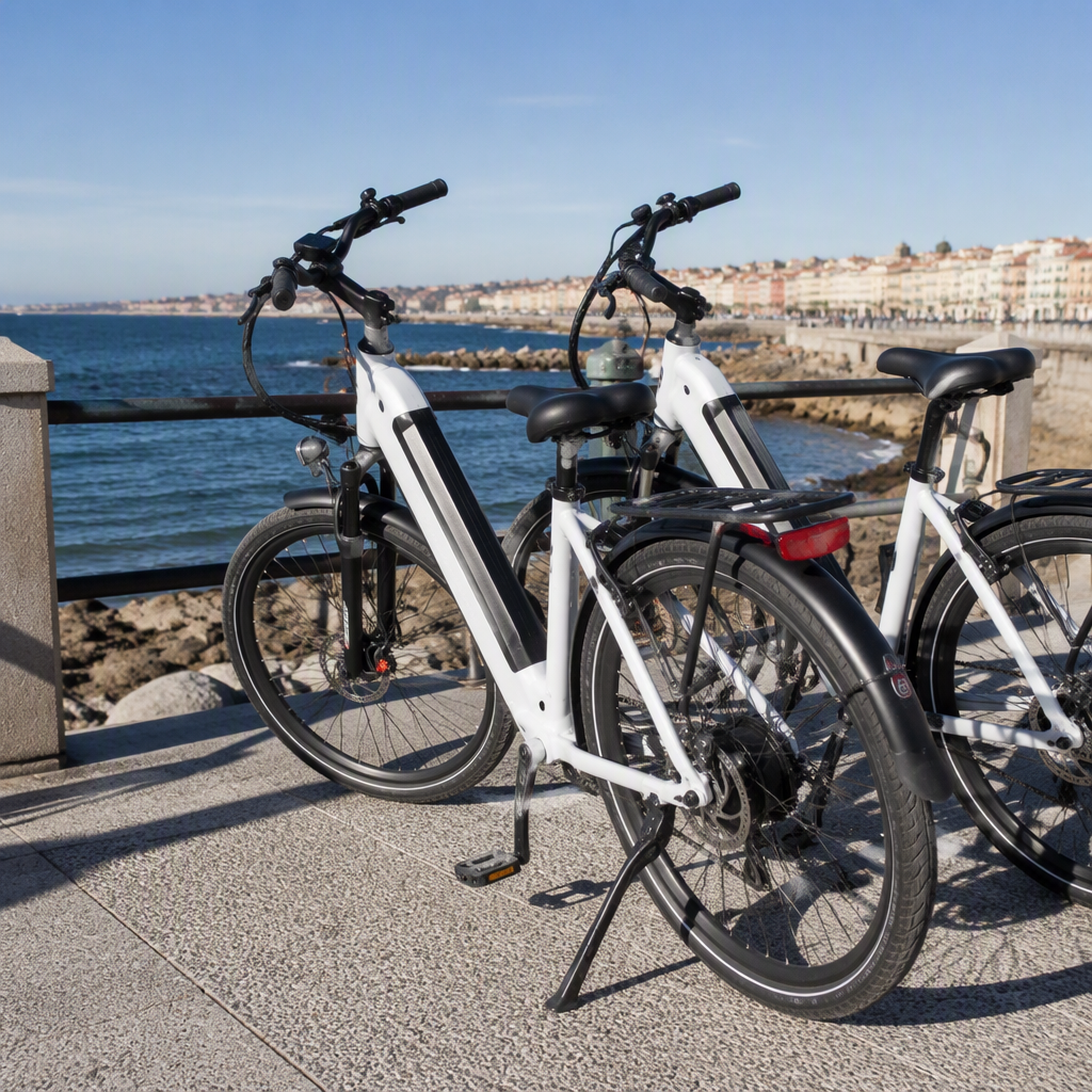 Fat-tire electric beach cruiser with corrosion-resistant frame parked on sandy shoreline at resort