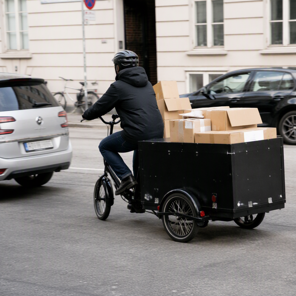 Cargo tricycle delivering parcels on a city street