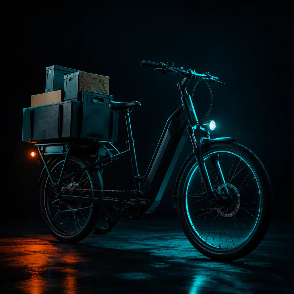 Long-tail cargo e-bike showing low-deck step-through frame design with integrated rear cargo platform