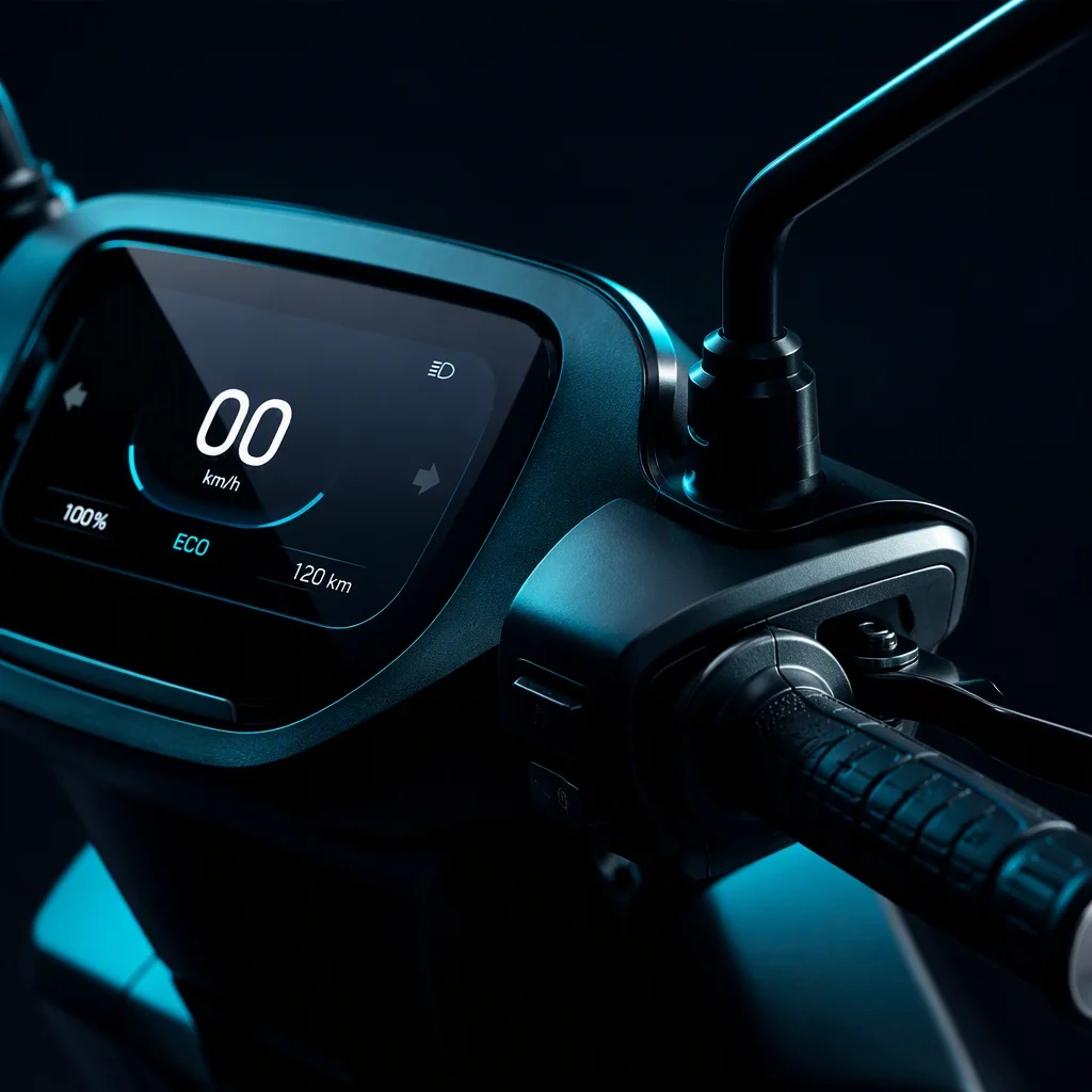 LED dashboard and thumb throttle controls on the city scooter handlebar