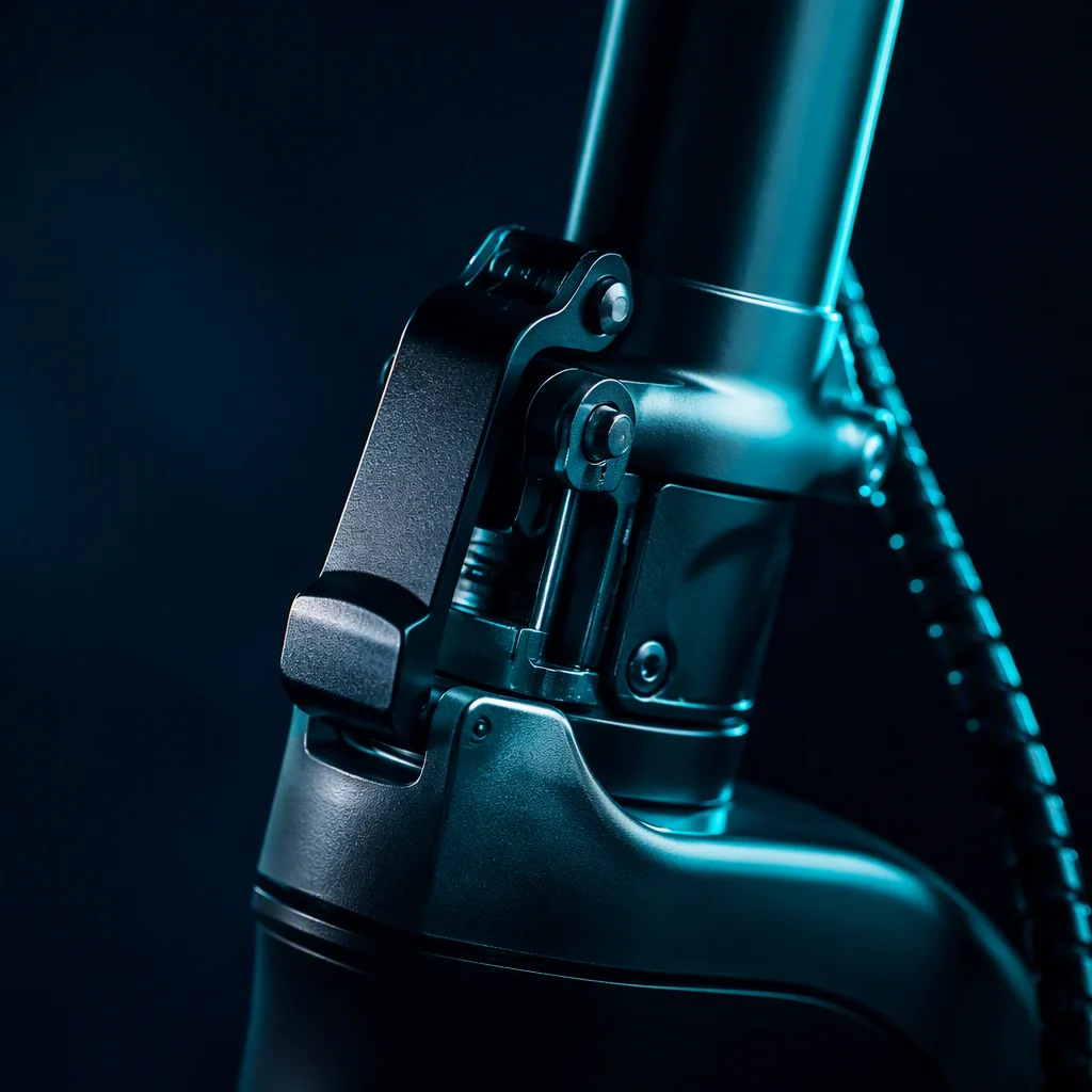 Close-up of the compact hinge and quick-release latch mechanism on the foldable scooter stem
