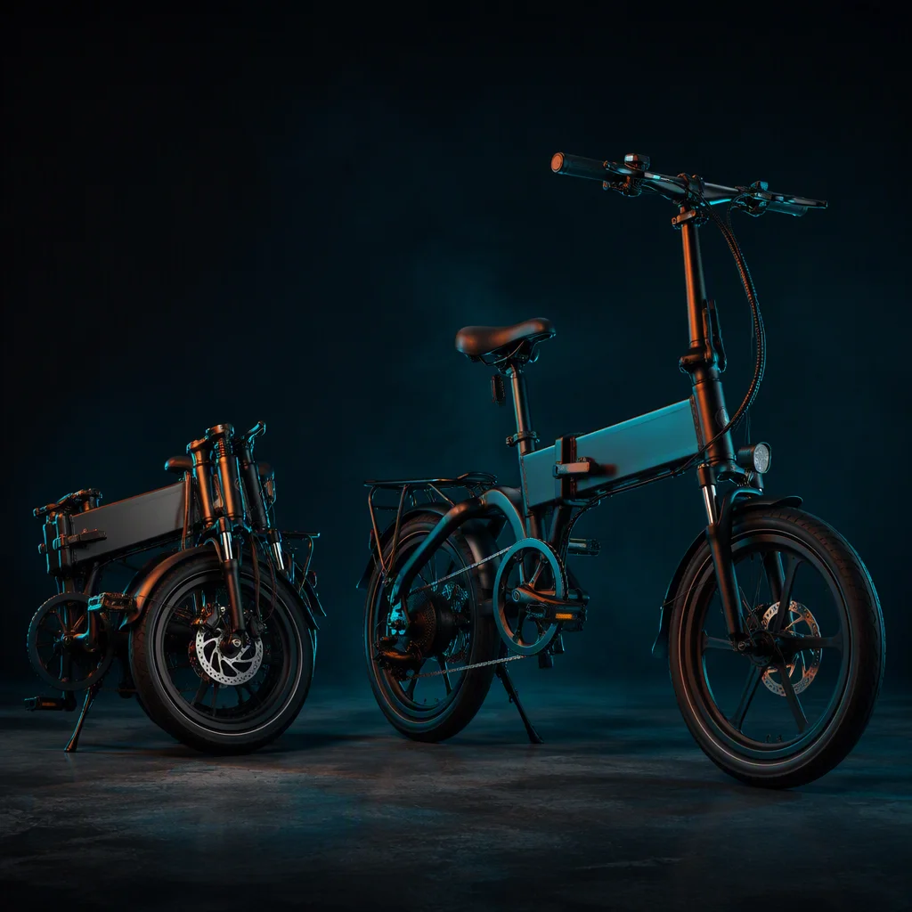 Folding e-bike fully opened showing compact 14-inch wheel design with 6061 aluminum frame
