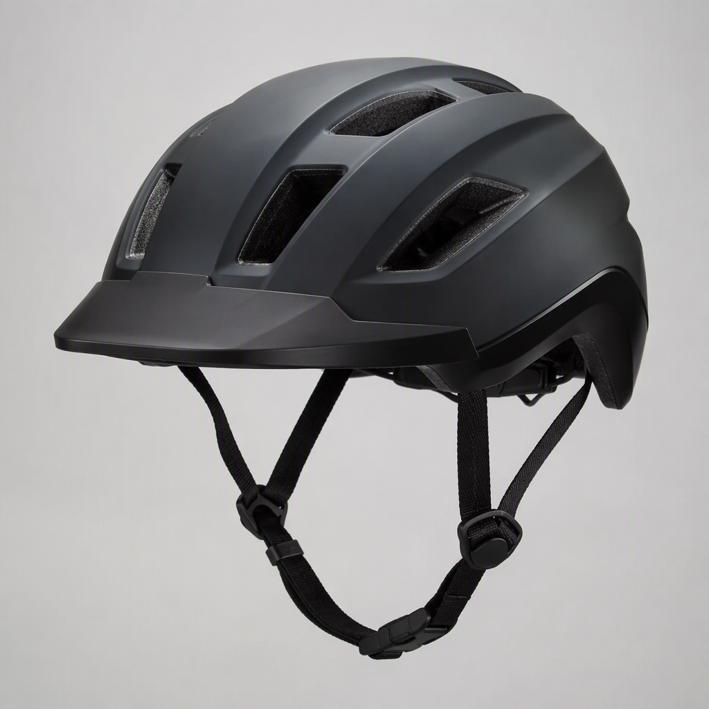 E-bike helmets displayed on shelf with riding gloves