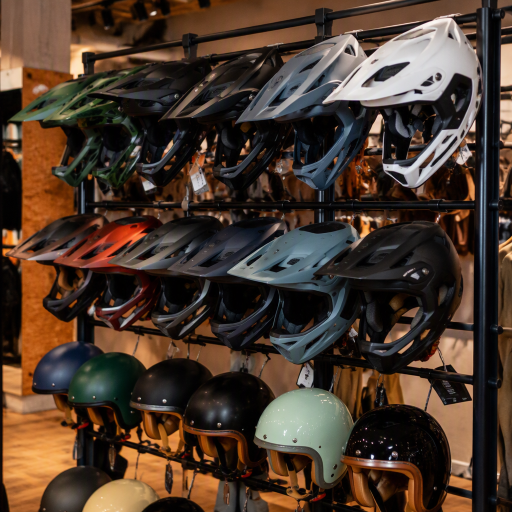 Helmet display rack in a retail shop