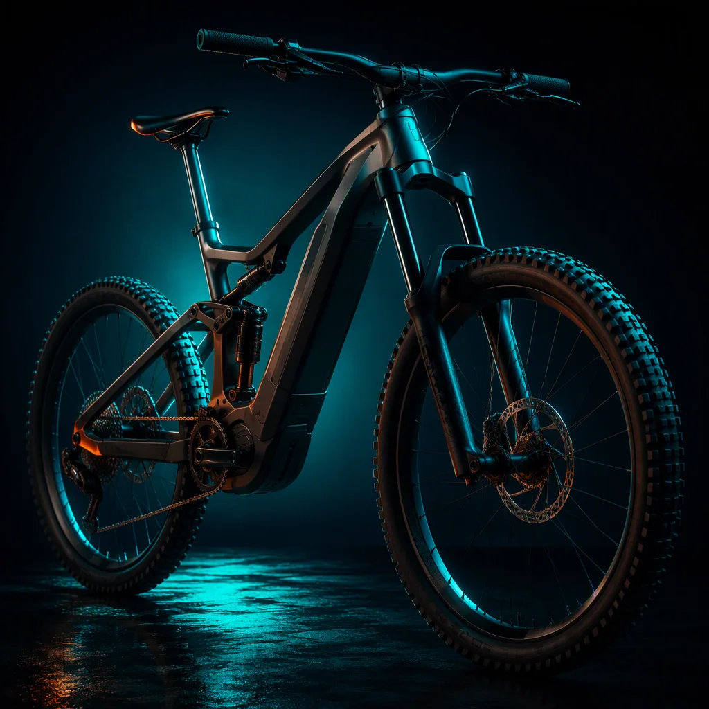 Electric mountain bike with hydroformed 6061 aluminum frame, 29-inch wheels, and full suspension on forest trail