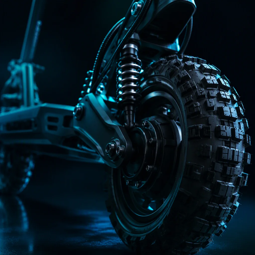 Close-up detail of dual motor hubs and front C-spring with rear hydraulic coil-over suspension on the off-road scooter