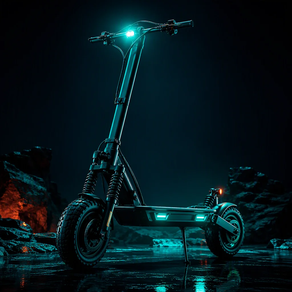 Off-road electric scooter with deep-tread tires and aggressive all-terrain stance on a gravel trail