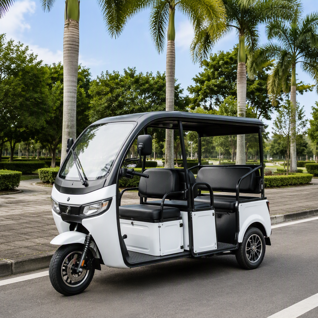 Passenger tricycle on a palm-lined boulevard