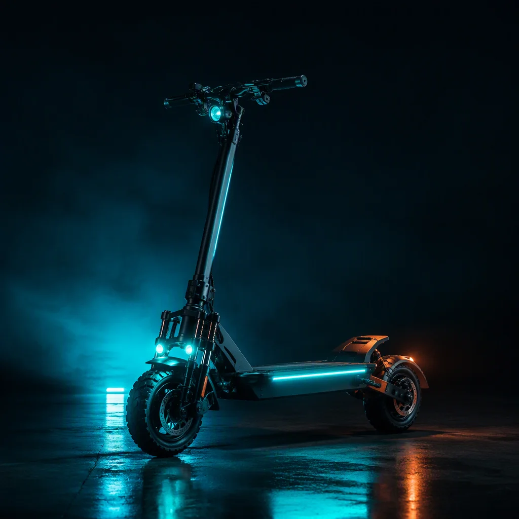 Flagship dual-motor high-performance electric scooter with aggressive stance and LED lighting on urban road