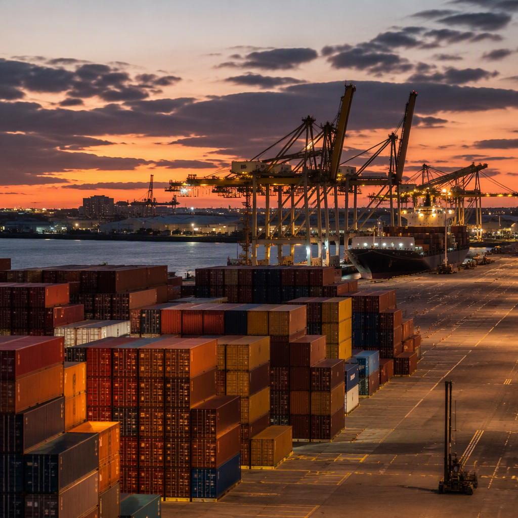 Shenzhen container port at night with teal lights